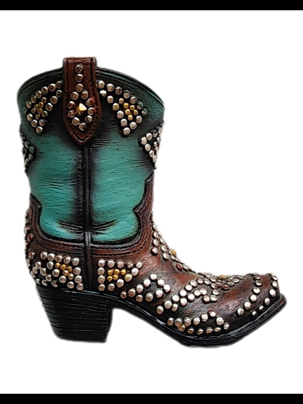 Western Cowboy Boot Figurine Turquoise Brown Studded Resin Statue Decor